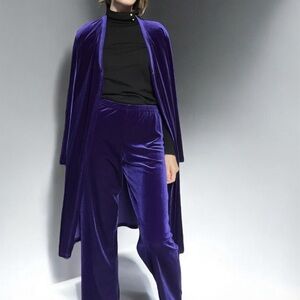 Vintage 90s Linda Leal Velvet Pant Suit Set Purple Duster Cardigan & Pants S XS